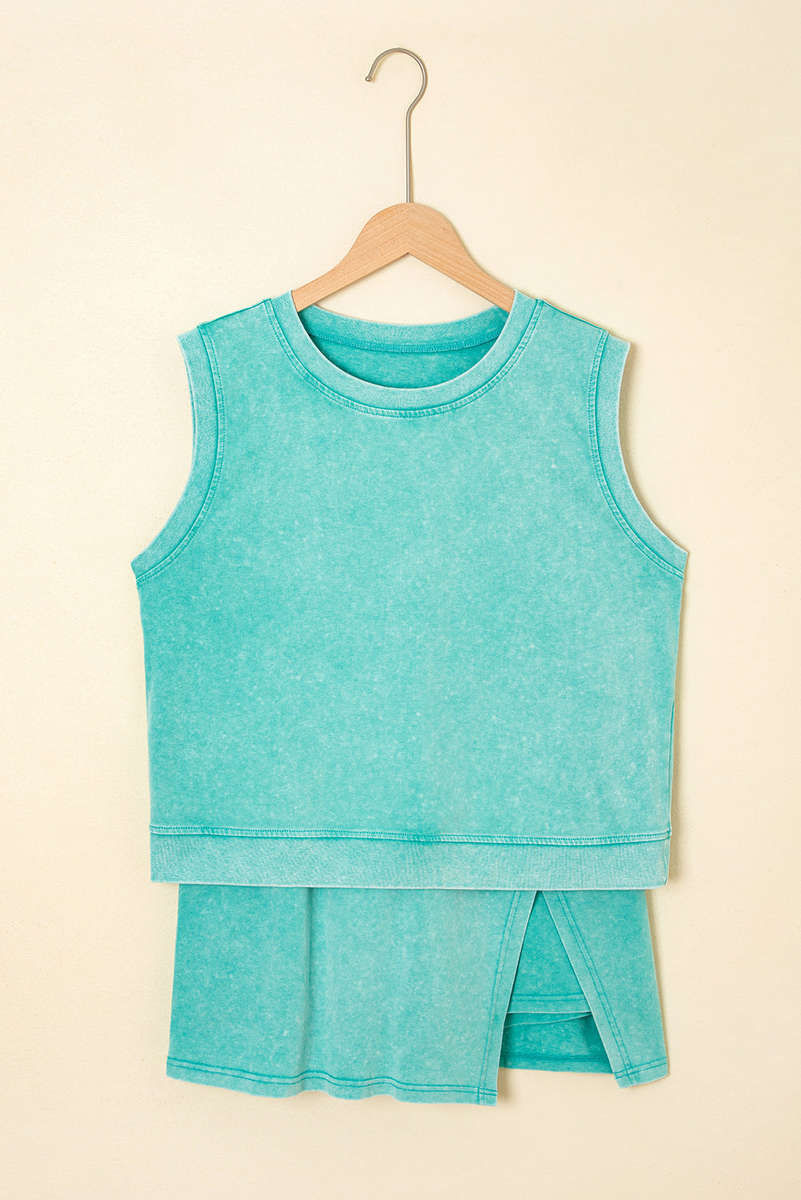 Mint Green 2 Pieces Mineral Wash Cotton Tank Top Lined Split Skirt Set