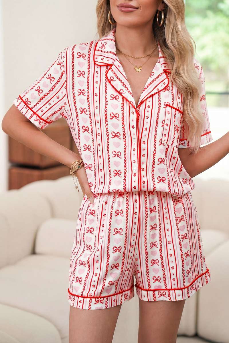 Red Cute Bow Heart Print Ribbon Decor Short 2pcs Pajama Set