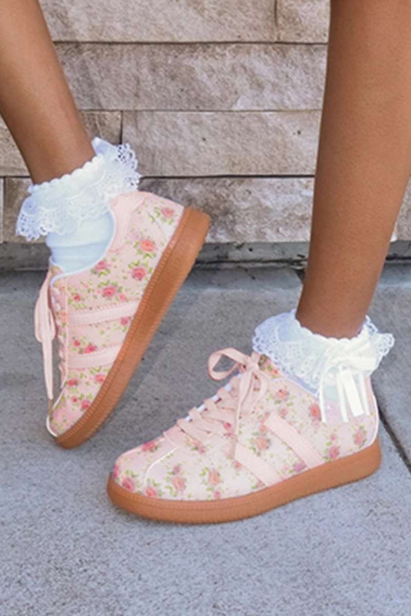 Light Pink Floral Print Lace-up PU Leather Flat Shoes