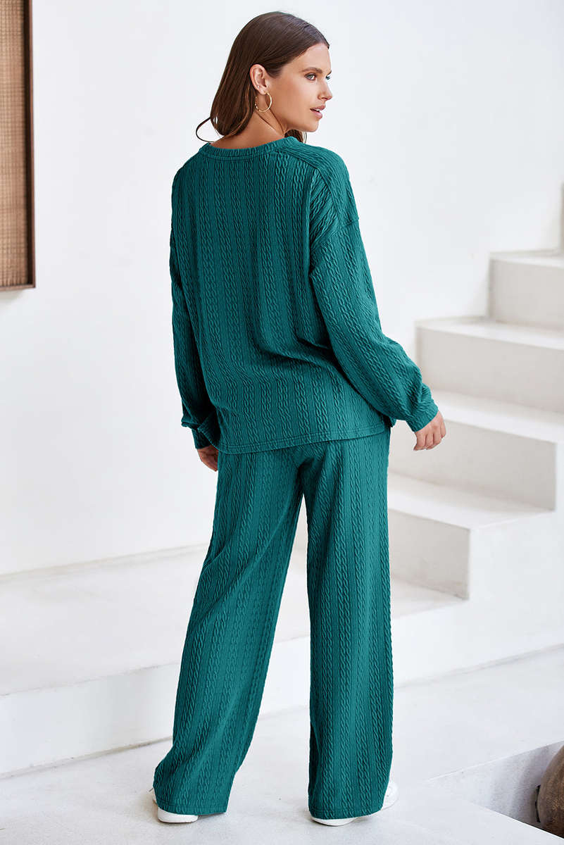 Sea Green Textured Round Neck Sweatshirt & Loose Drawstring High Waist Pant Set