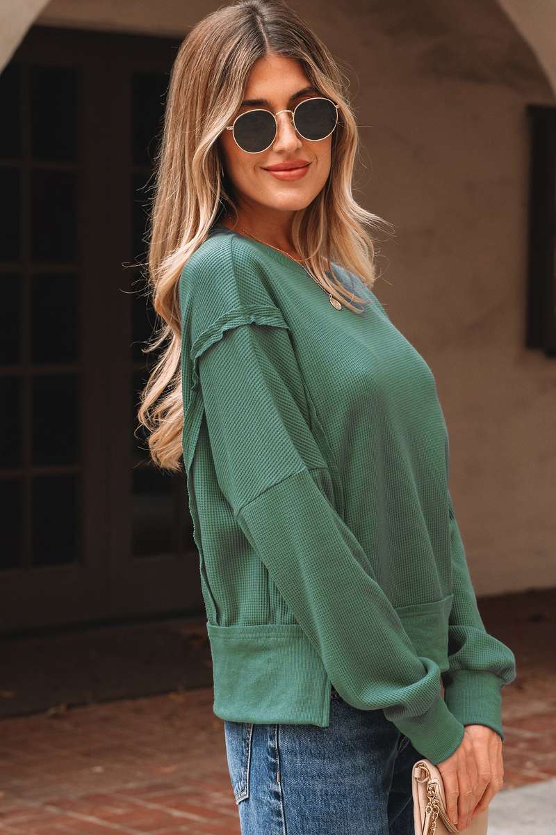 Evergreen Solid Color Raw Seam Patchwork Textured Drop Shoulder Sweatshirt