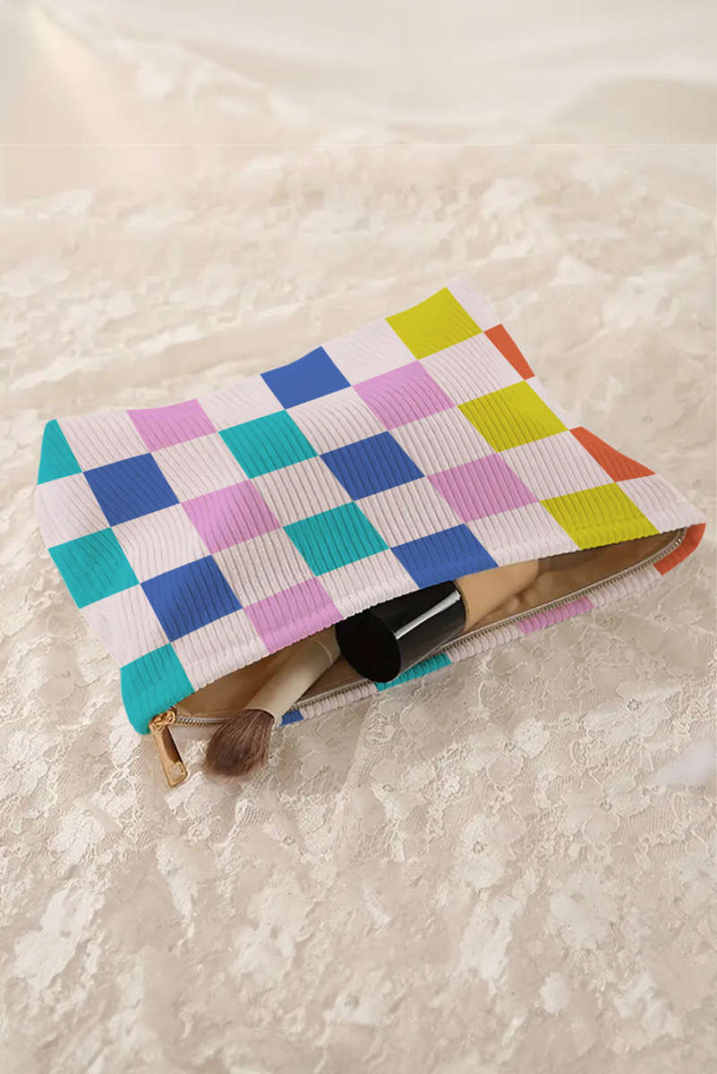 Pink Color Block Checkered Zipper Corduroy Cosmetic Bag