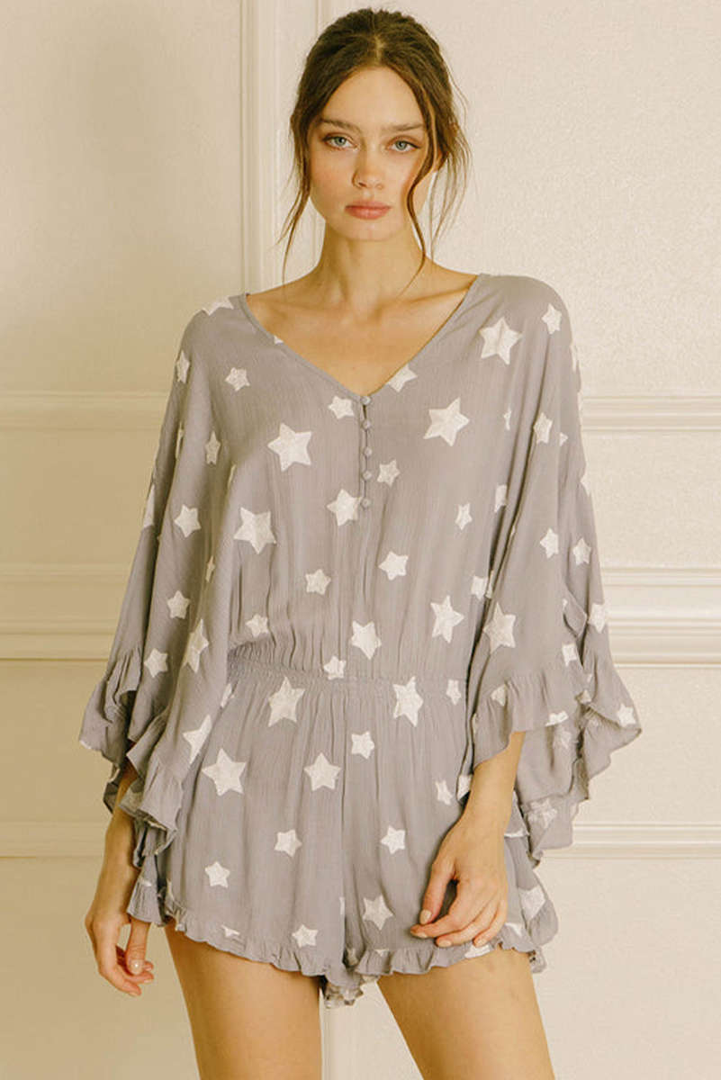 Gray Star Print Crinkle Textured Kimono Ruffle Sleeve Romper
