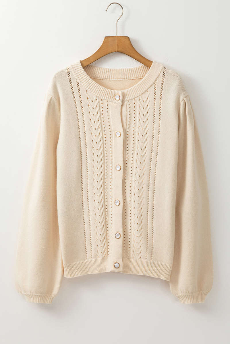 Apricot Pleated Sleeve Hollow Detail Button Sweater Cardigan