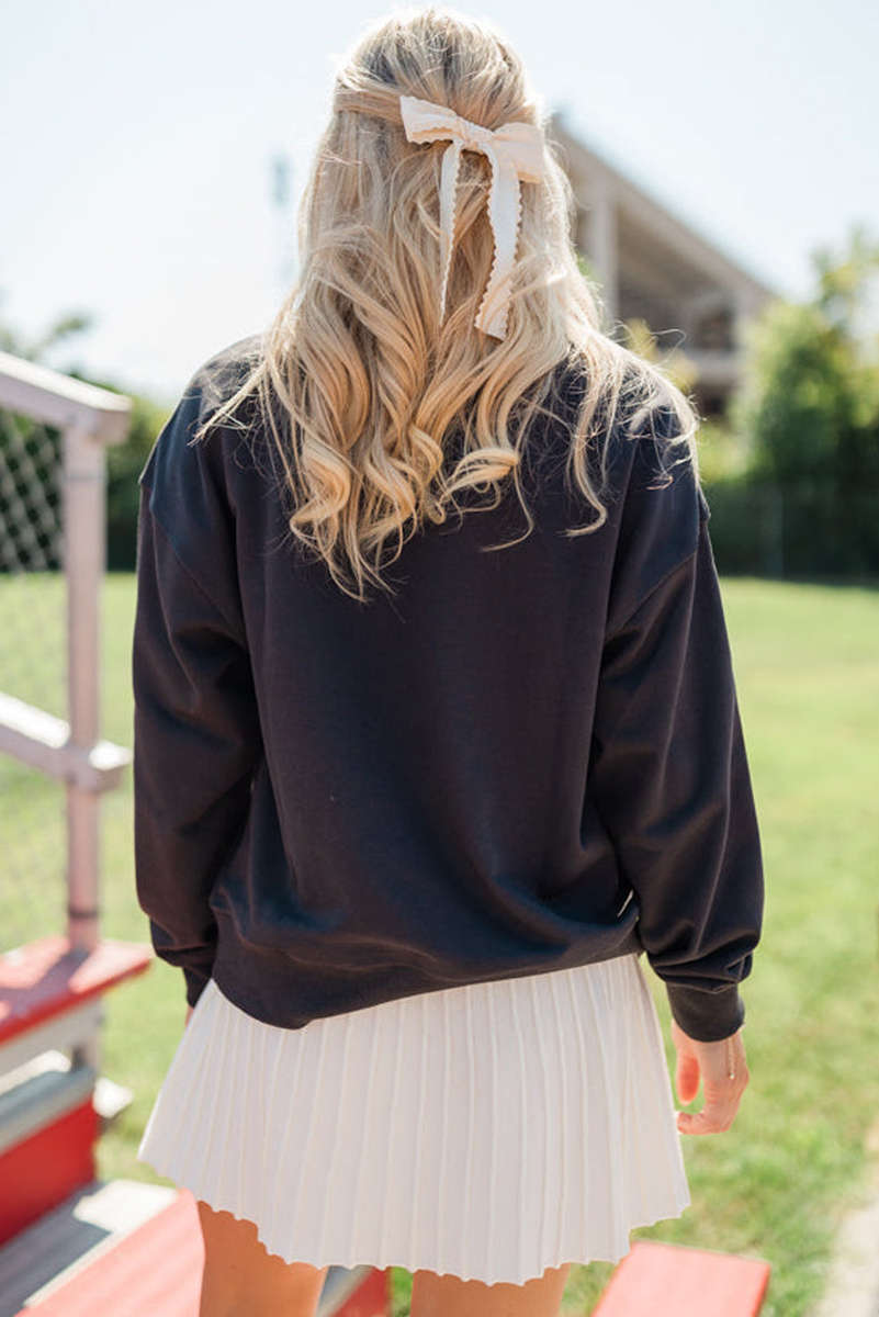 Black Chenille Game Day Graphic Drop Shoulder Sweatshirt