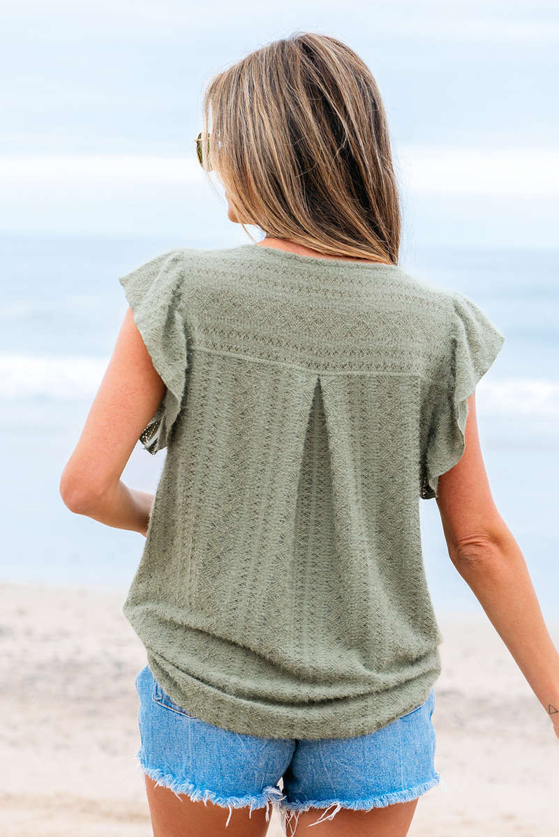 Laurel Green Flutter Sleeve Lace V Neck Shirt