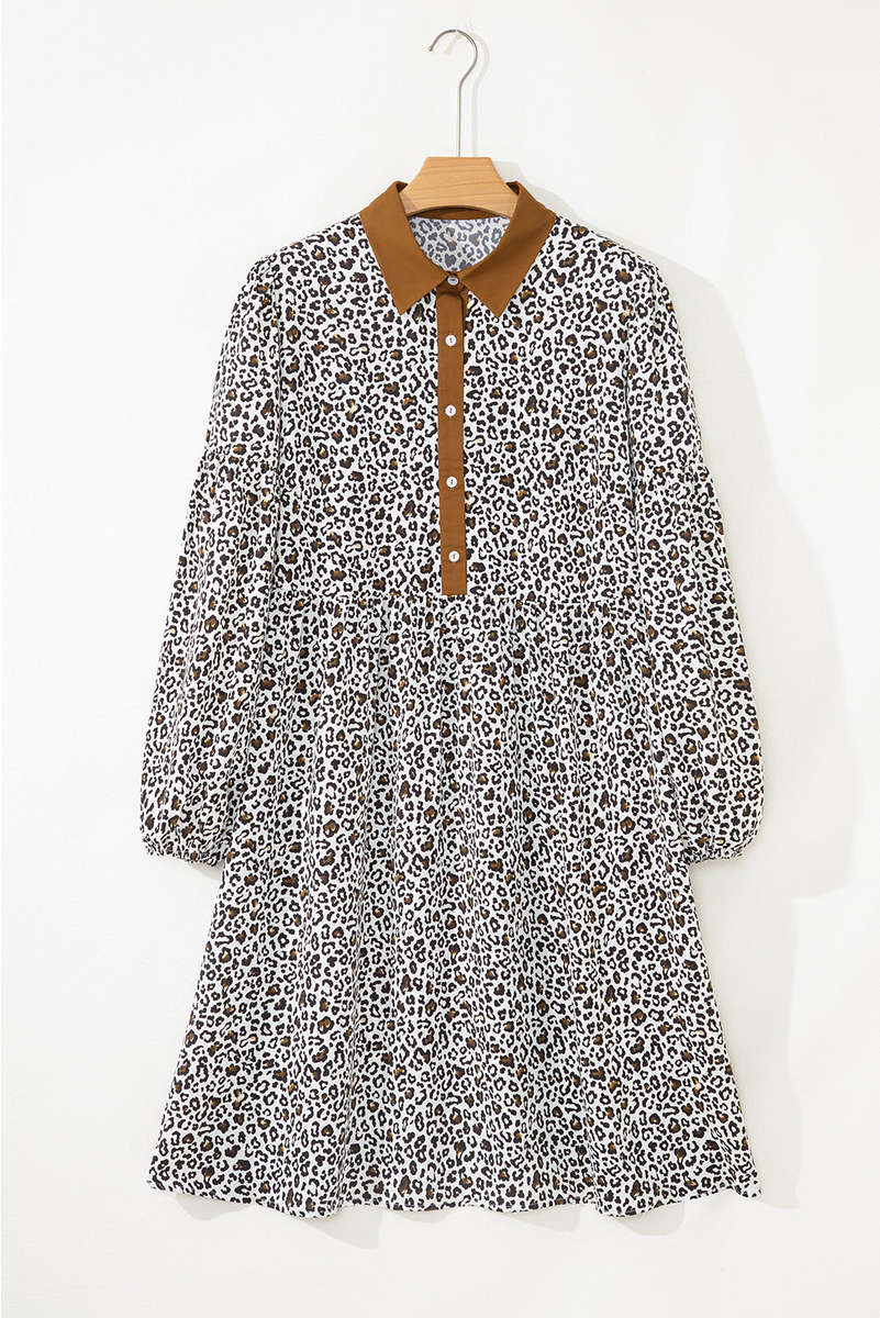 Khaki Plus Size Button V Neck Leopard Print Puff Sleeve Loose Mini Dress
