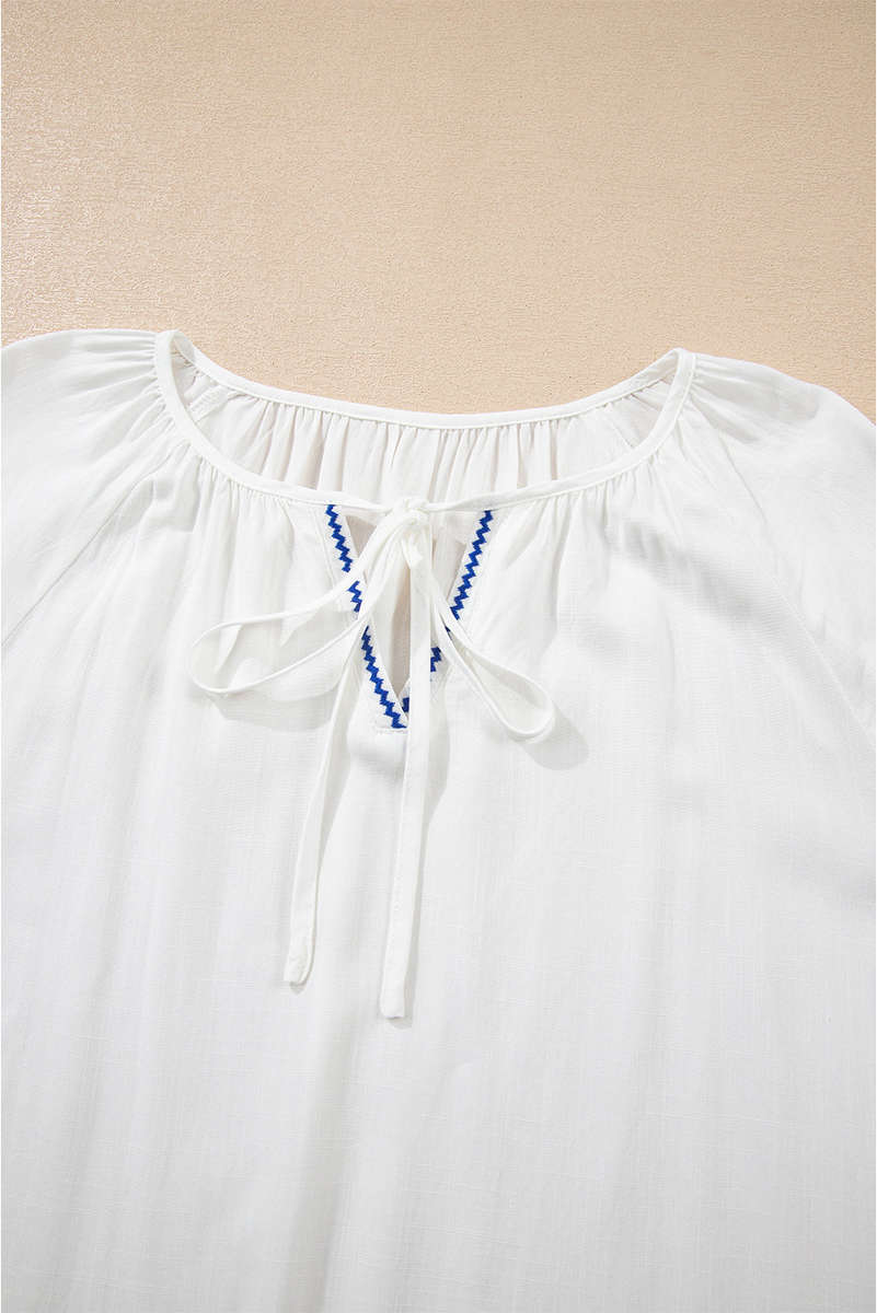 White Floral Embroidered Drawstring V Neck Blouse