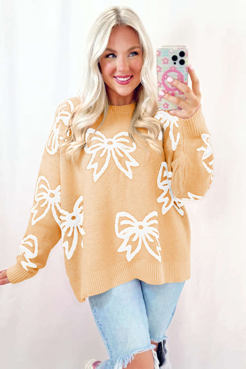 Golden Fleece Bow Pattern Drop Shoulder Loose Sweater