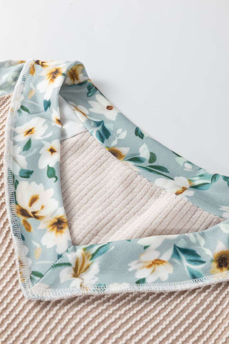 Parchment Twist Ribbed Floral Contrast Patchwork Long Sleeve Top