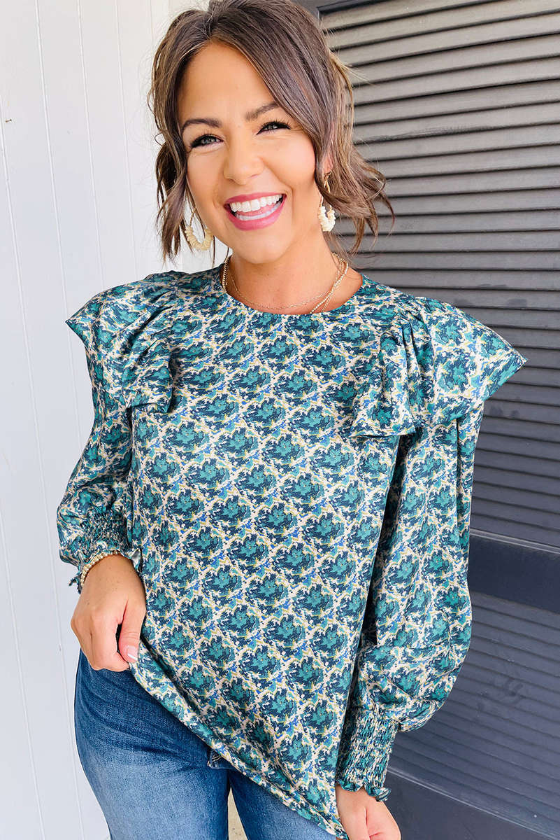 Green Abstract Print Shirred Cuff Puff Sleeve Blouse
