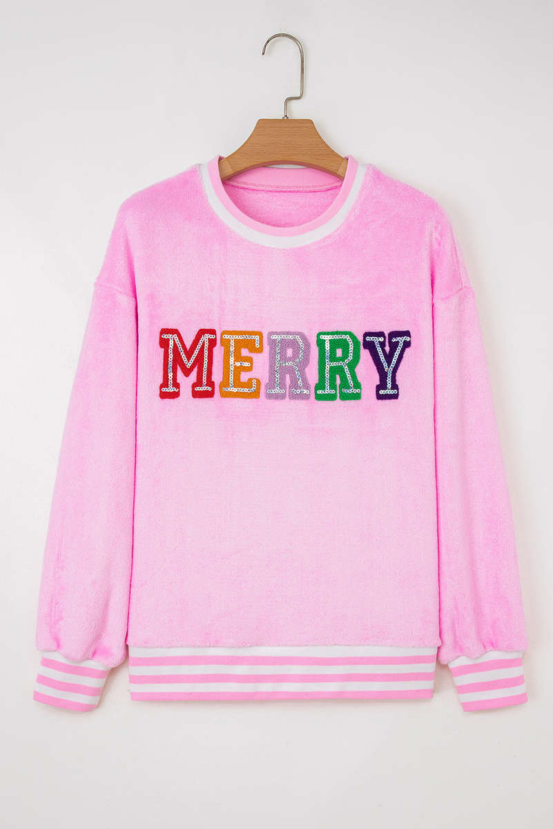 Sachet Pink Sequin Chenille MERRY Graphic Plush Pullover