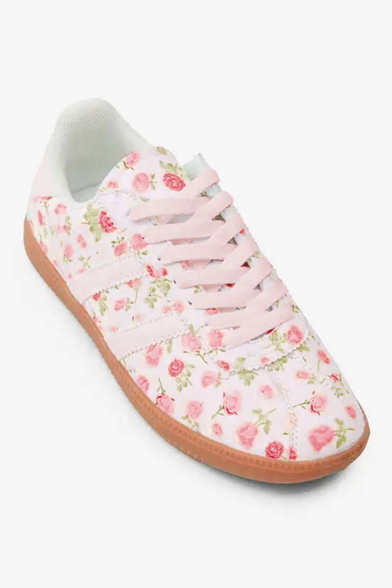 Light Pink Floral Print Lace-up PU Leather Flat Shoes