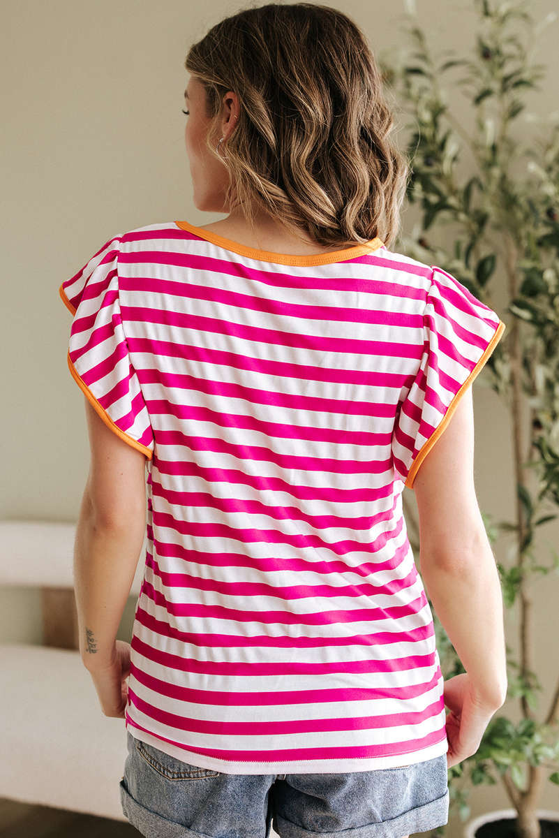 Rose Red Striped Ruffle Sleeve Crew Neck Blouse