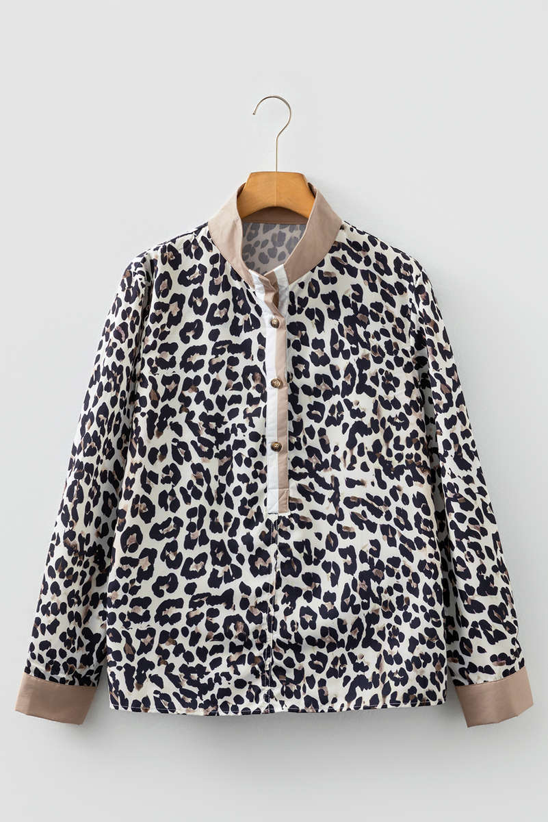 Multicolour Leopard Print Contrast Patchwork Cuffs Button Collared Top