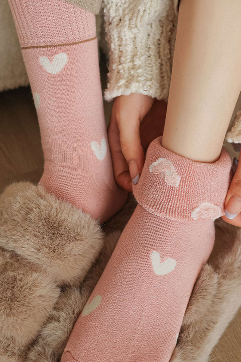 Pink Contrast Heart Print Ribbed Cuff Womens Crew Socks