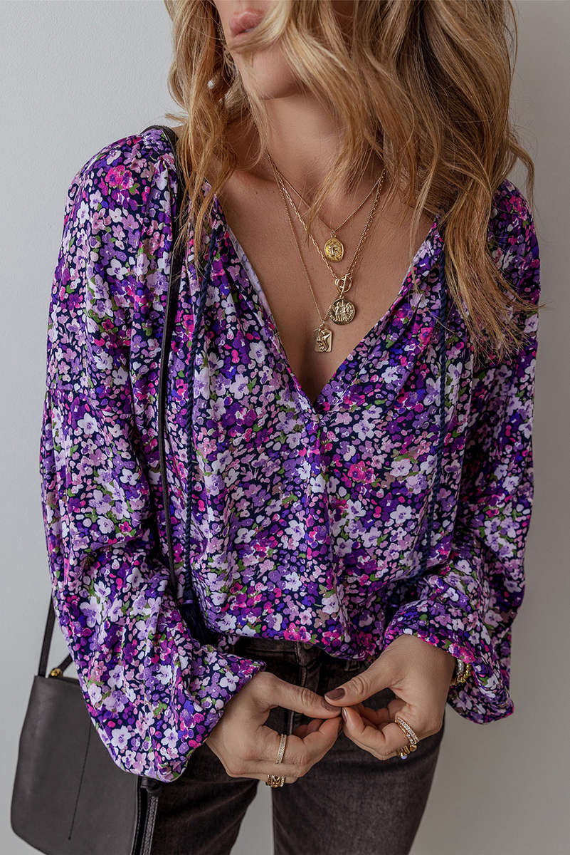Purple Boho Flower Split V Neck Bubble Sleeve Blouse