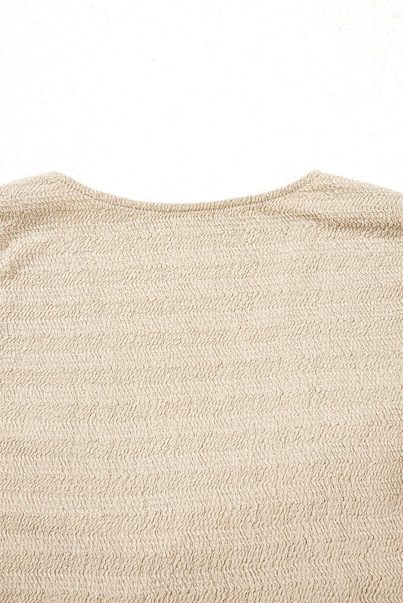 Pale Khaki Textured Twist Front V Neck Long Sleeve Slim Solid Color Top