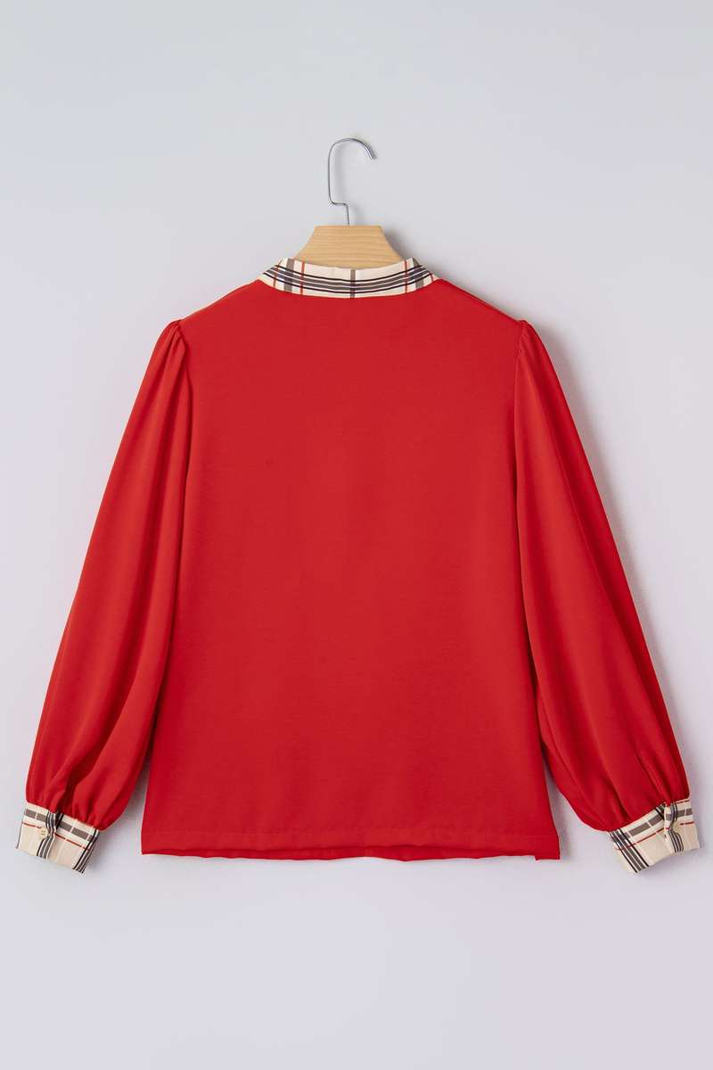 Racing Red Contrast Plaid Patchwork V Neck Long Sleeve Blouse