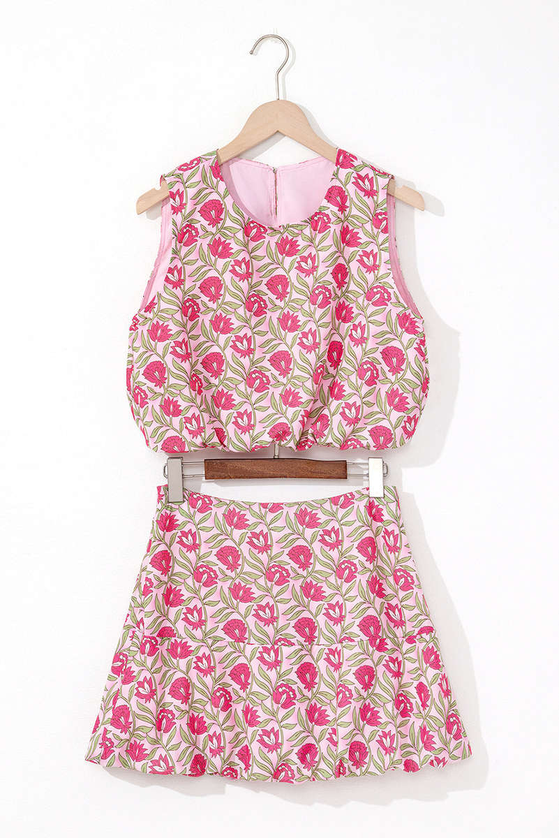 Pink Floral Print Puffy Cropped Tank and Mini Skirt Set
