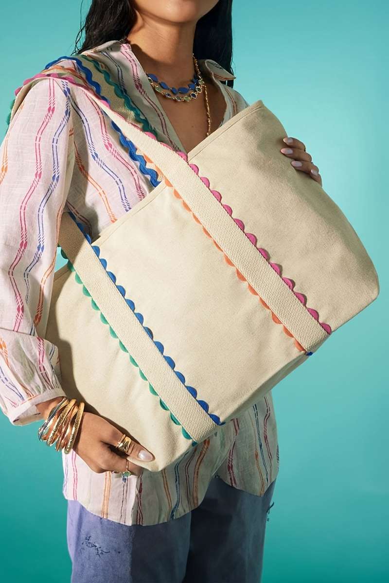 White Colorful Ricrac Detail Canvas Tote Bag