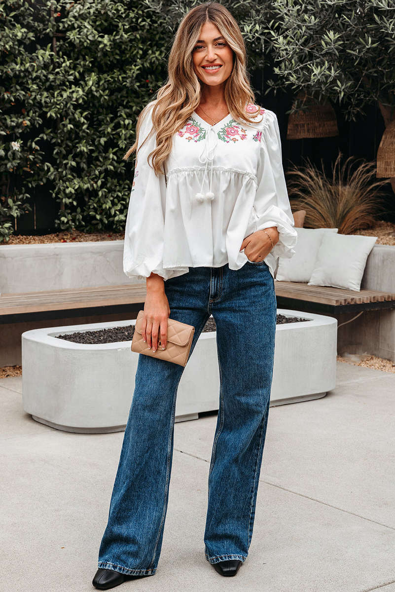 White Flower Lace-up V Neck Babydoll Blouse