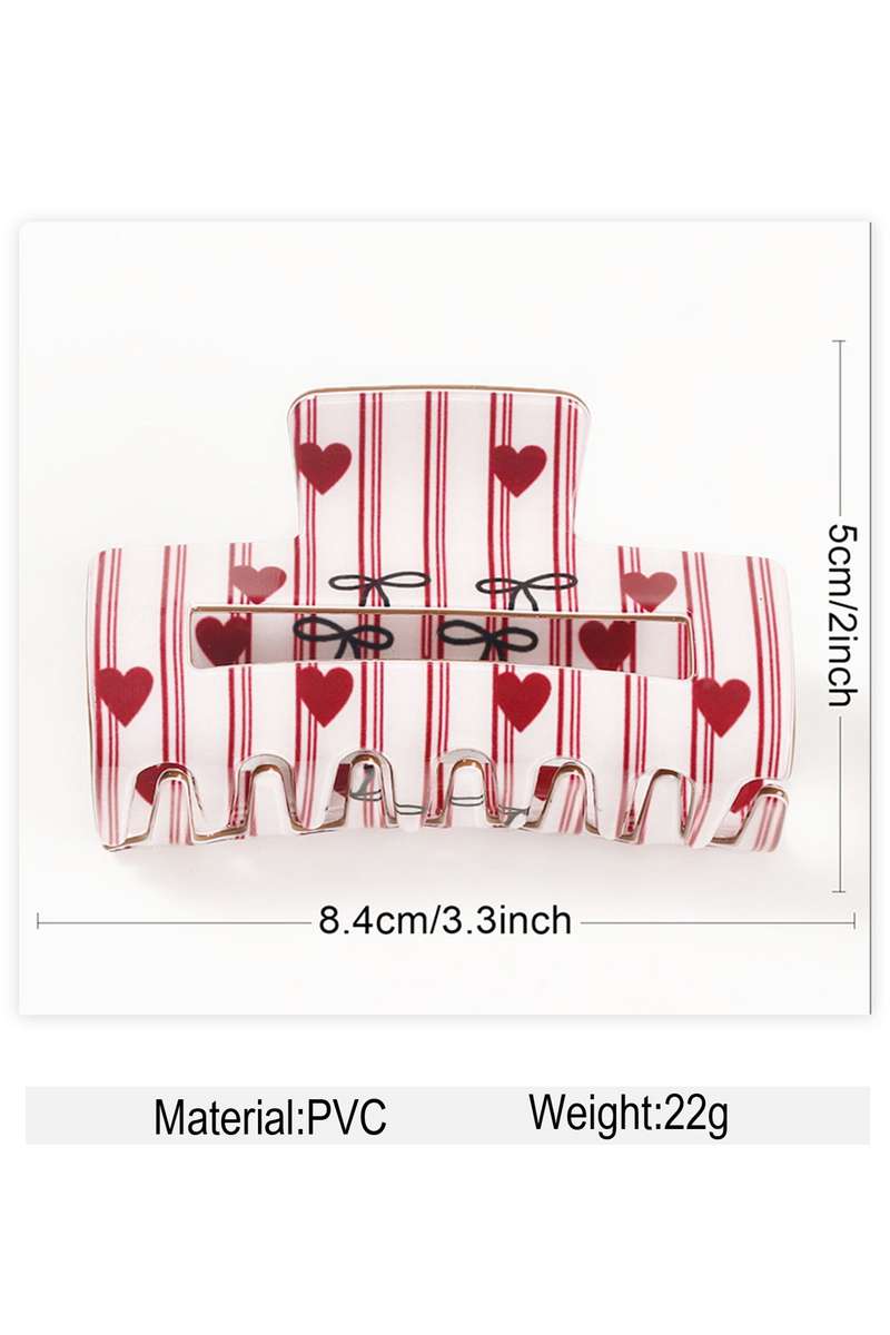 Fiery Red Striped Heart Contrast Bow Printed Rectangle Hair Claw Clip