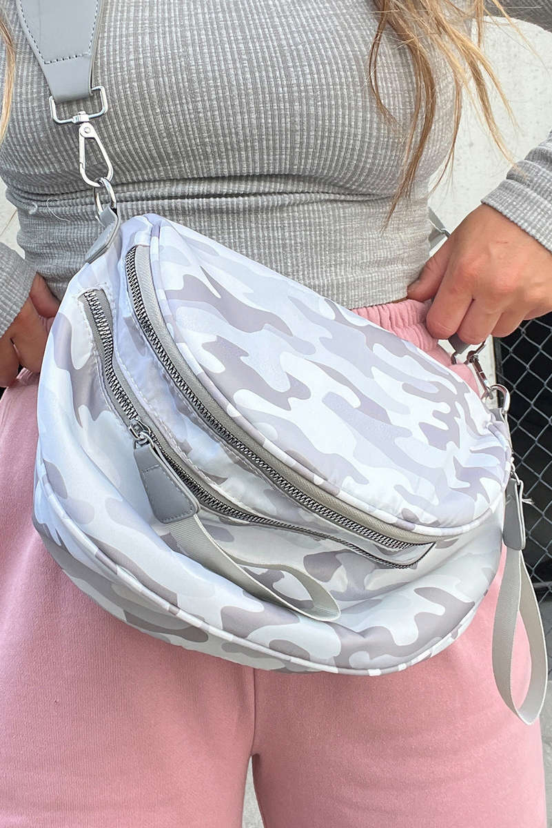 Light Grey Camouflage Print Gold Chain Strap Double Zipper Crossbody Bag