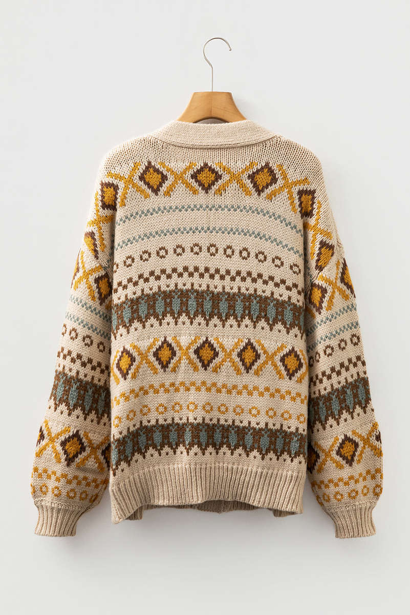 Khaki Western Pattern Knitted Button V Neck Cardigan Sweater