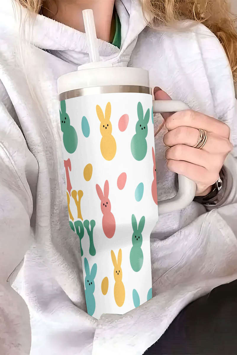 White DONT WORRY BE HOPPY Bunny Print Thermal Tumbler 40oz