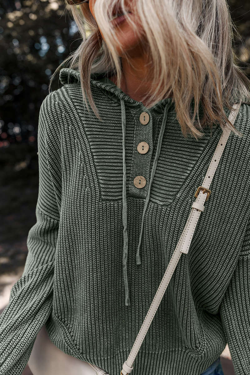 Mist Green Mineral Wash Ribbed Knit Button Drawstring Neck Hooded Sweater