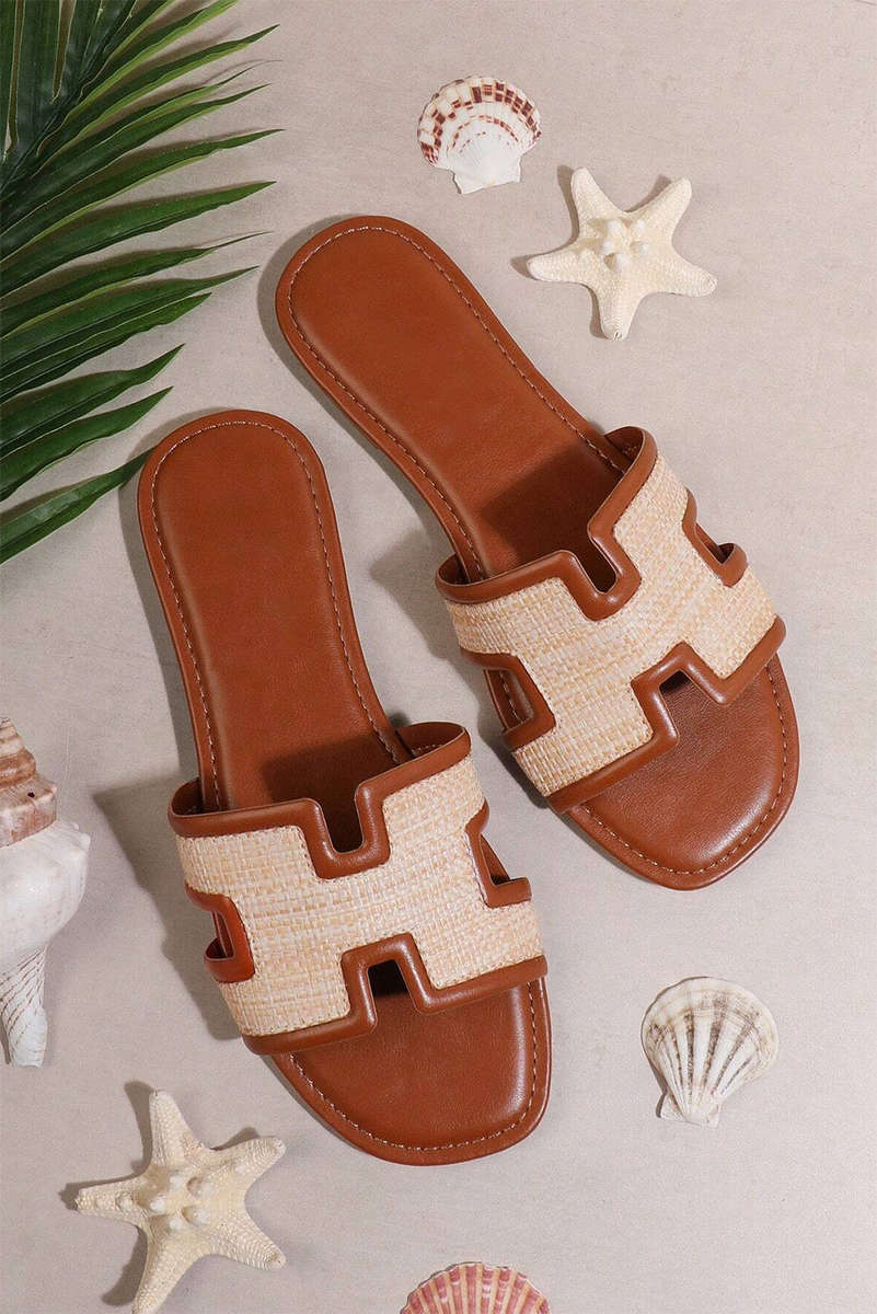 Coffee Faux Raffia Detail Hollowed Open Toe Slippers