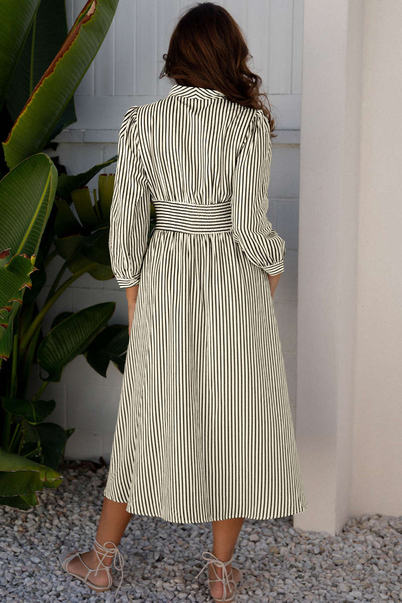 Black Stripe V Neck Zip Front Cinched High Waist Midi Dress