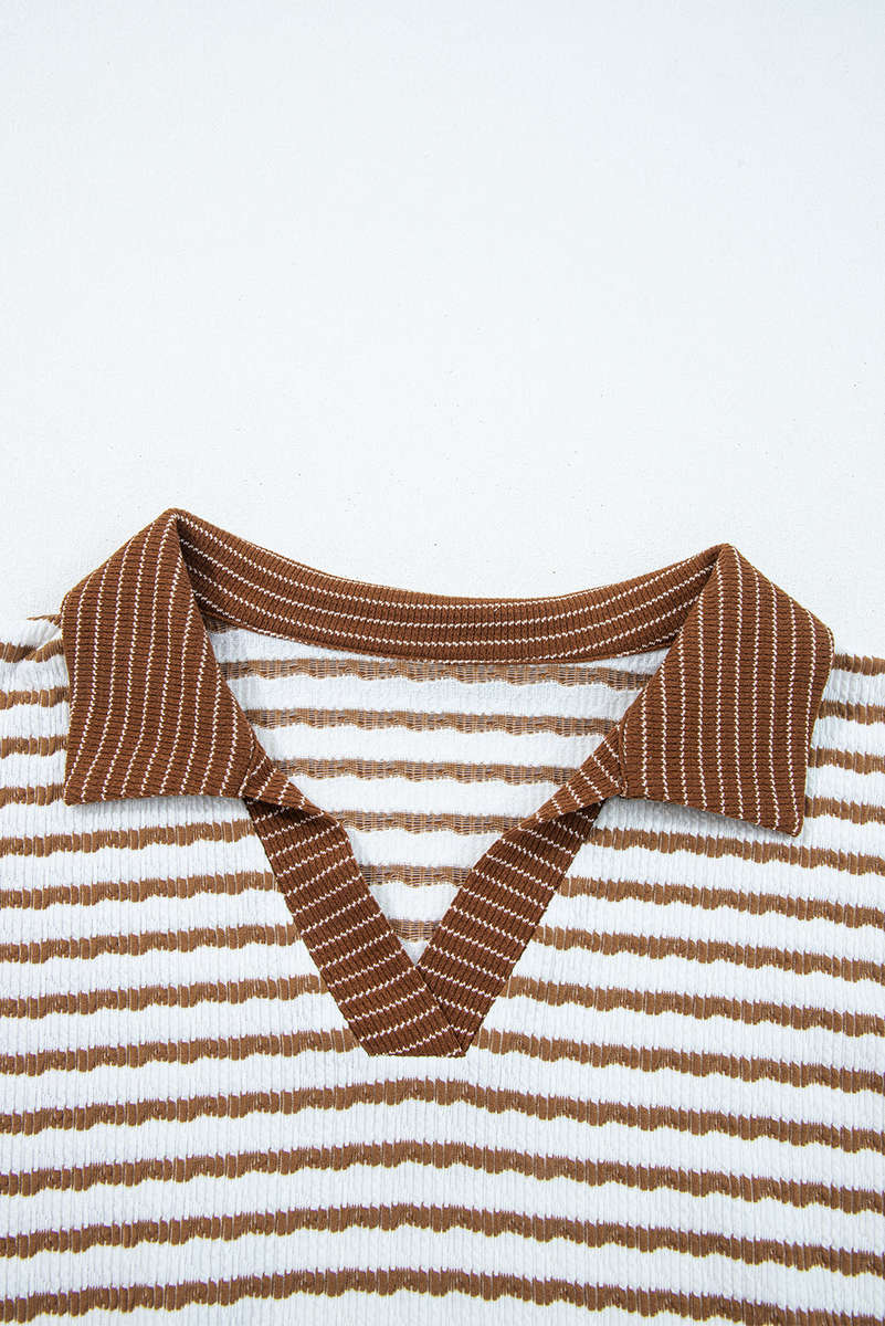 Khaki Stripe Plus Size Collared V Neck Loose Pullover Drawstring Elastic Waist Wide Leg Pant Set