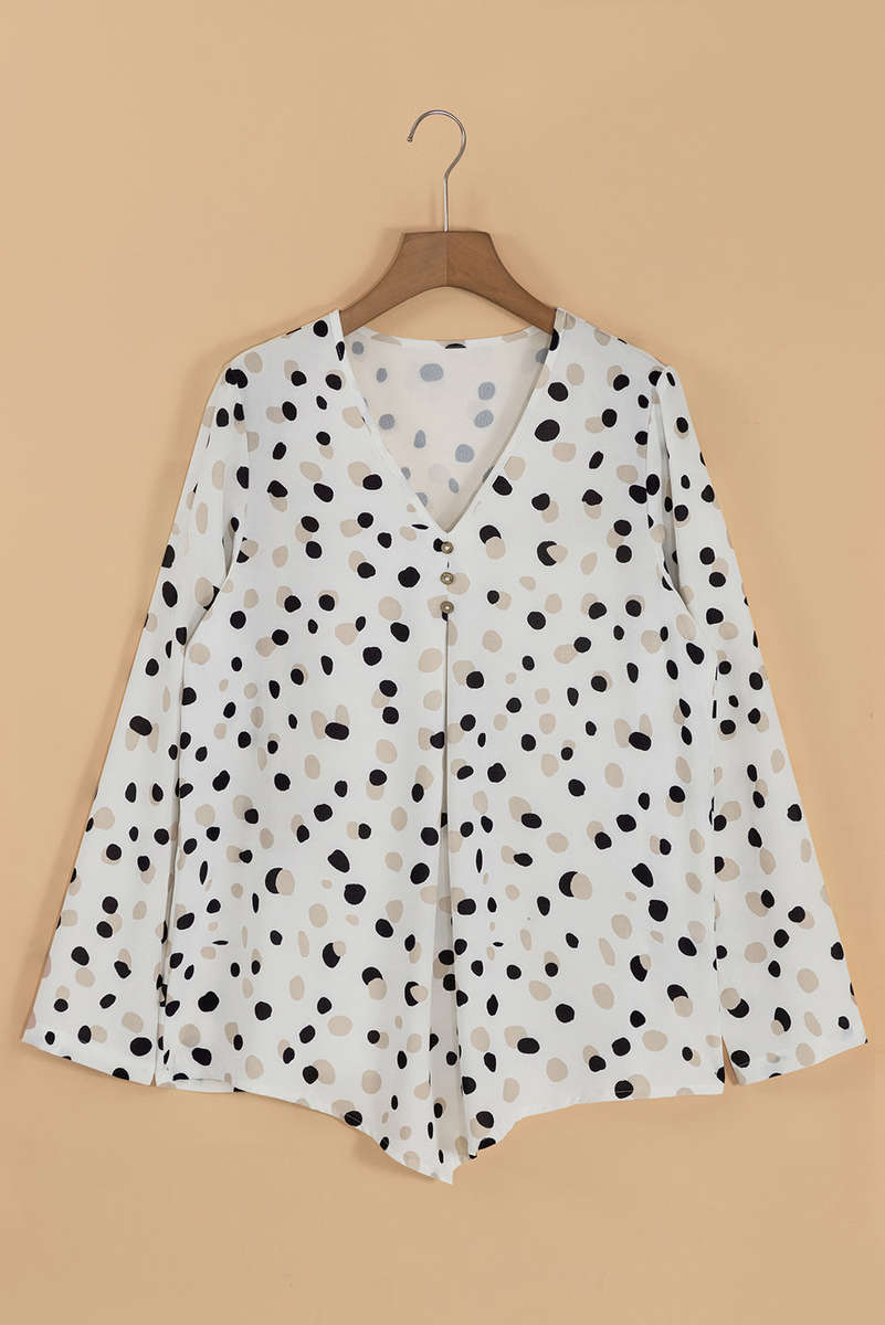 White Polka Dot Print Button Front V Neck Blouse