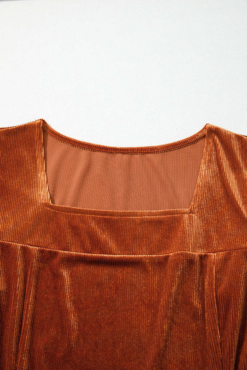 Clay Velvet Ribbed Texture Square Neck Slim Puff Sleeve Top