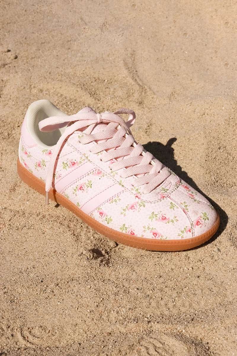 Light Pink Floral Print Lace-up PU Leather Flat Shoes