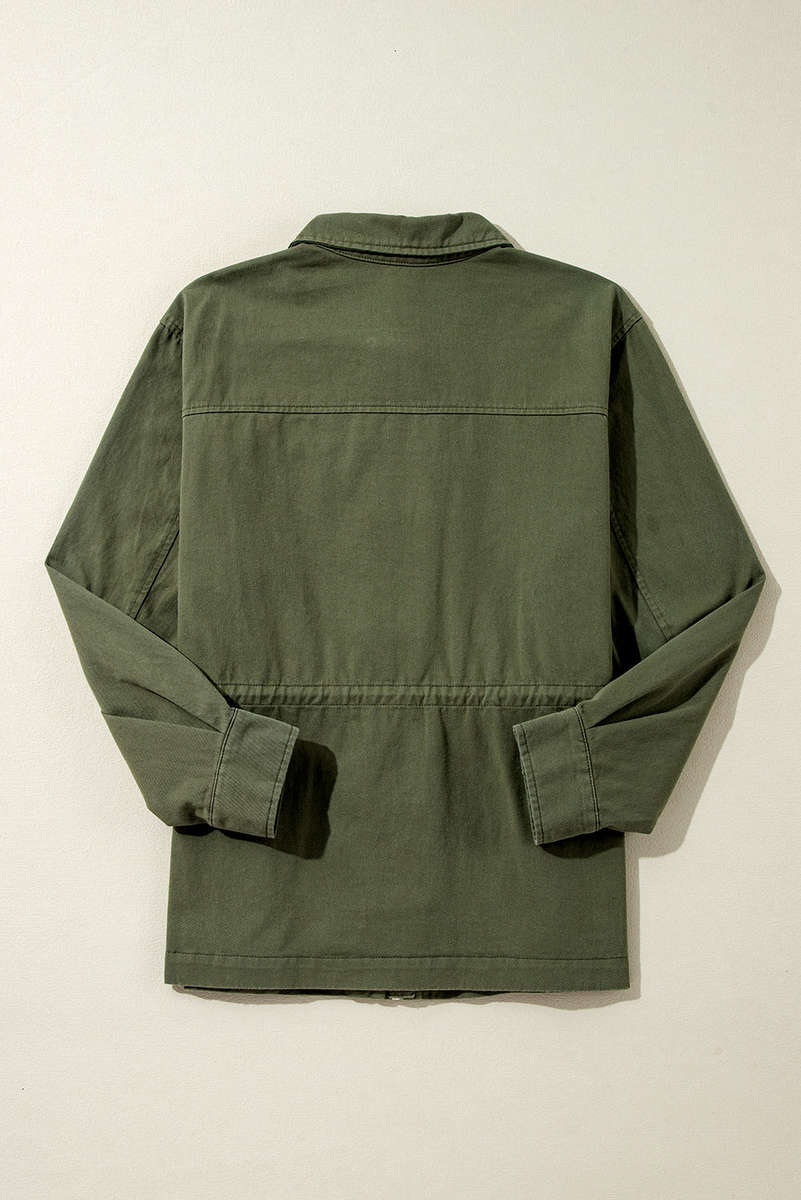 Moss Green Snap Button Zipper Tight Waist Collared Jacket