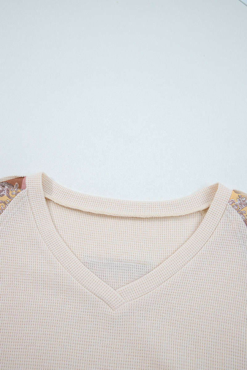 Beige Paisley Ethnic Print Contrast Patchwork Long Sleeve Loose Top
