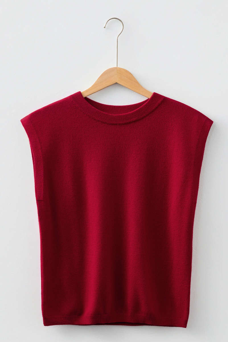Racing Red Solid Color Crew Neck Knit Cap Sleeve Sweater