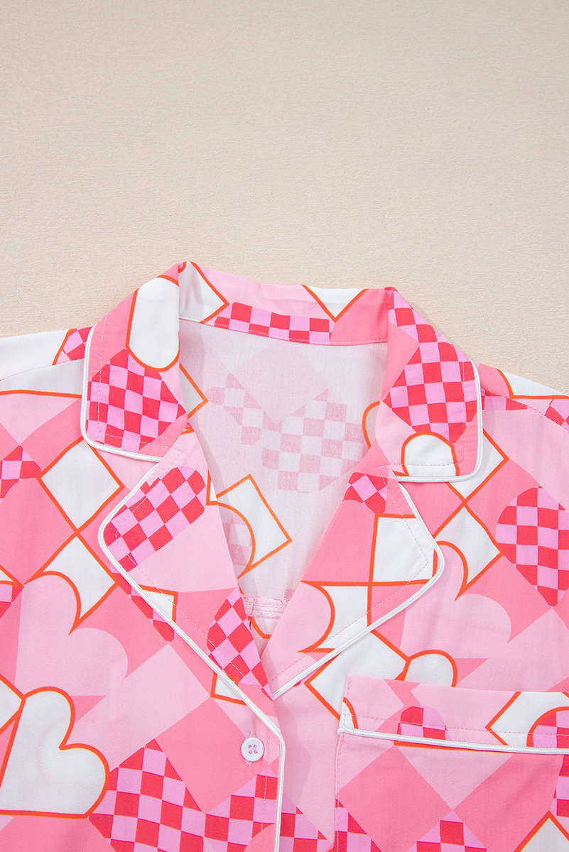 Pink Heart Print Shirt Style Silky Short Pajama Set
