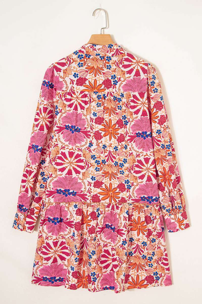 Red Fall Flower Print Long Sleeve Mini Dress
