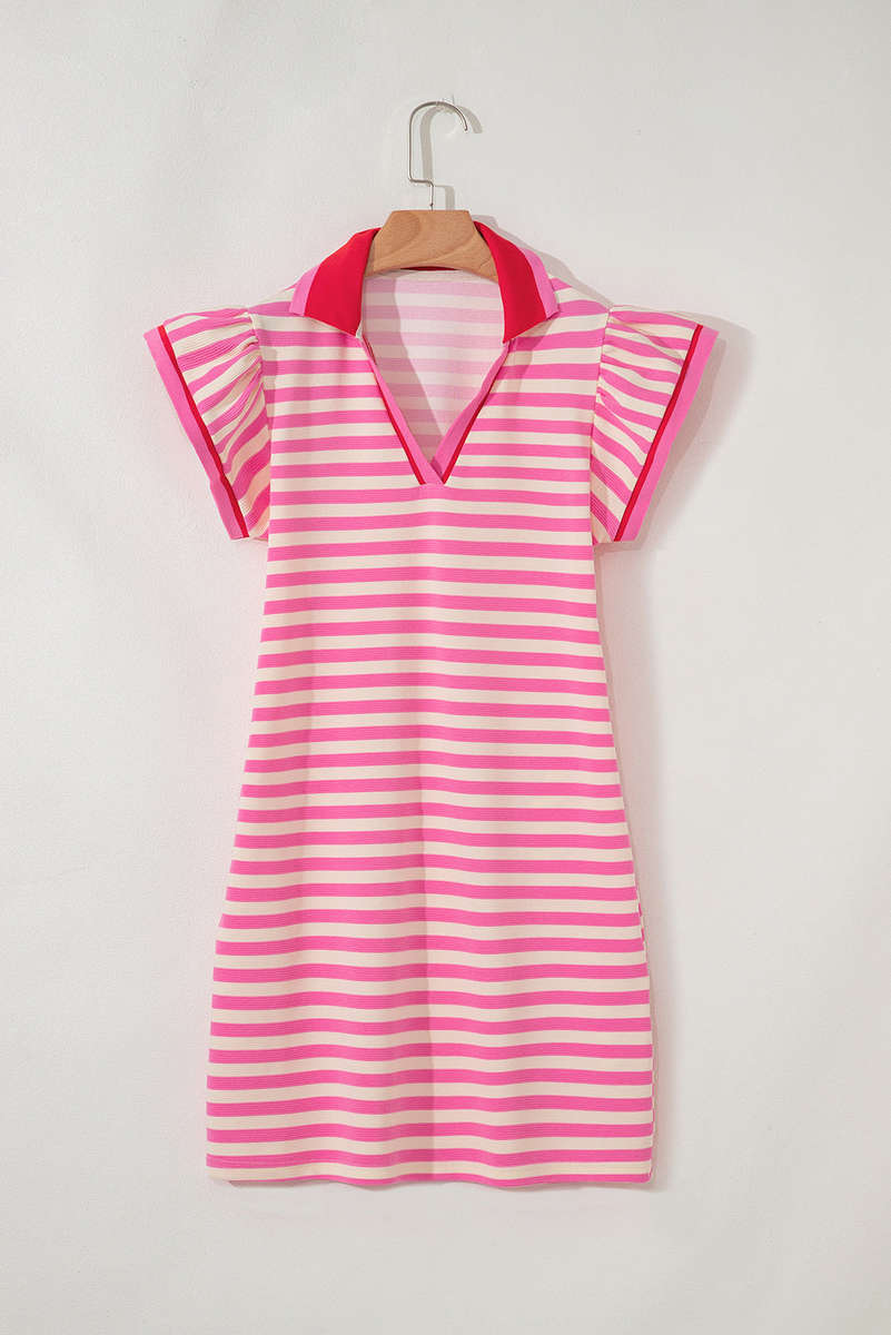 Sachet Pink Stripe Print Contrast Collar Split Neck Flutter Sleeve Short Dress