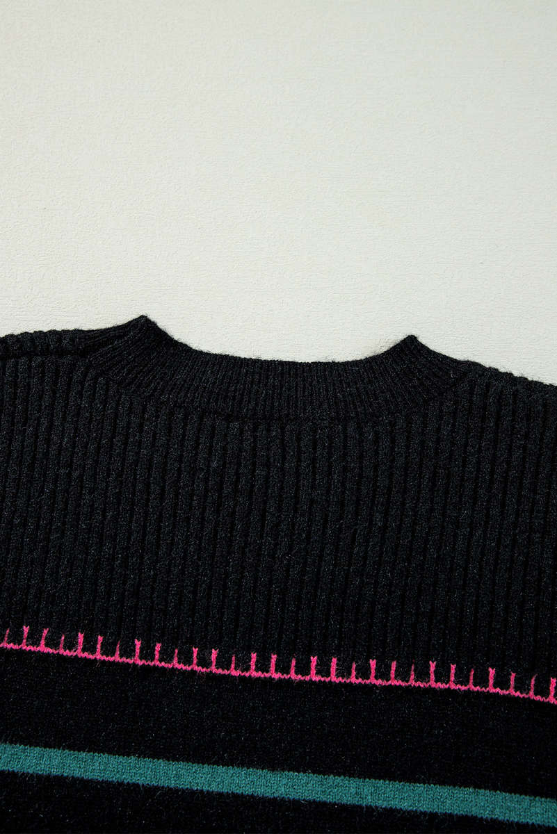 Black Colorful Striped Ribbed Trim Sweater