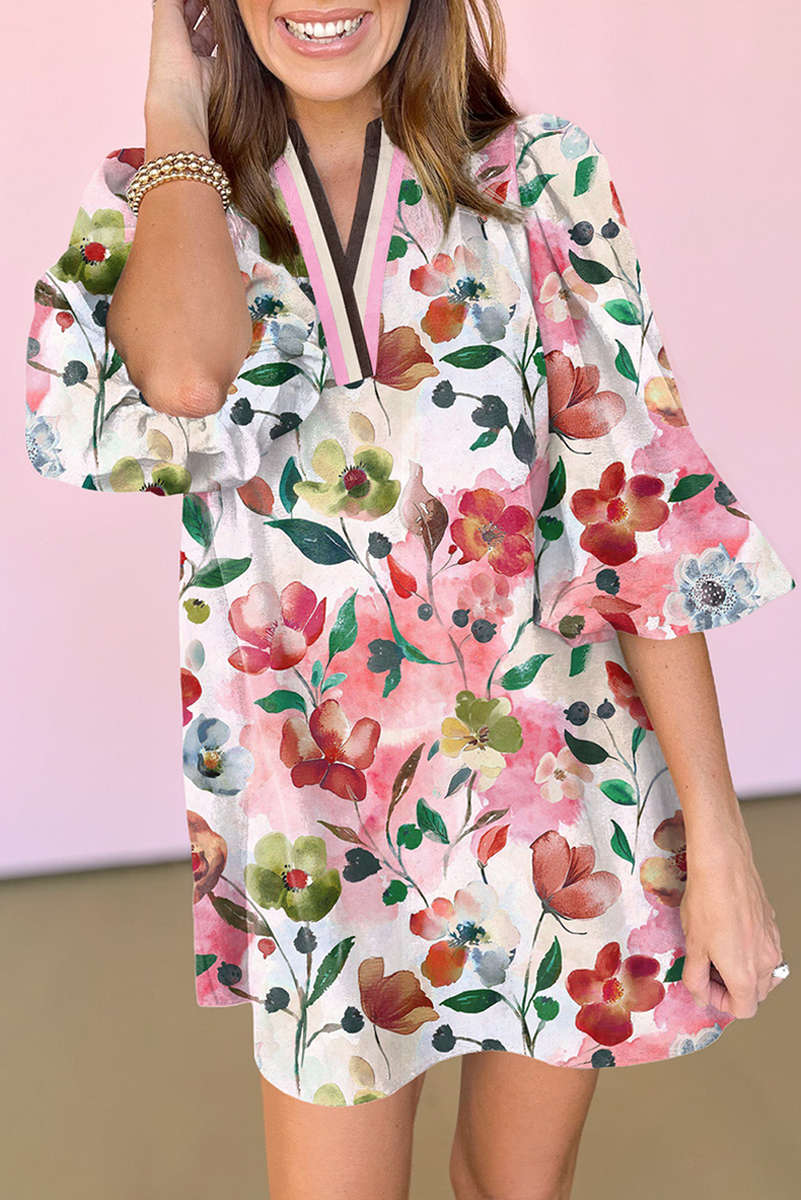 Red Floral Contrast Striped V Neck Puff Half Sleeve Shift Dress