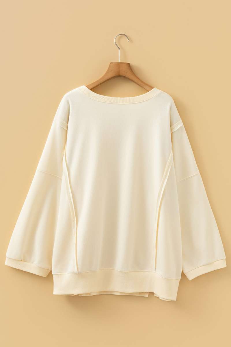 Beige Plus Size Raw Seam Detail Floral Bow Patched Baggy Pullover
