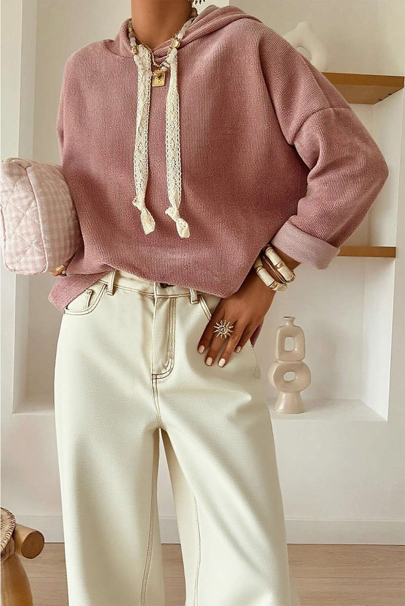 Rose Tan Thermal Textured Lace Drawstring Baggy Hoodie