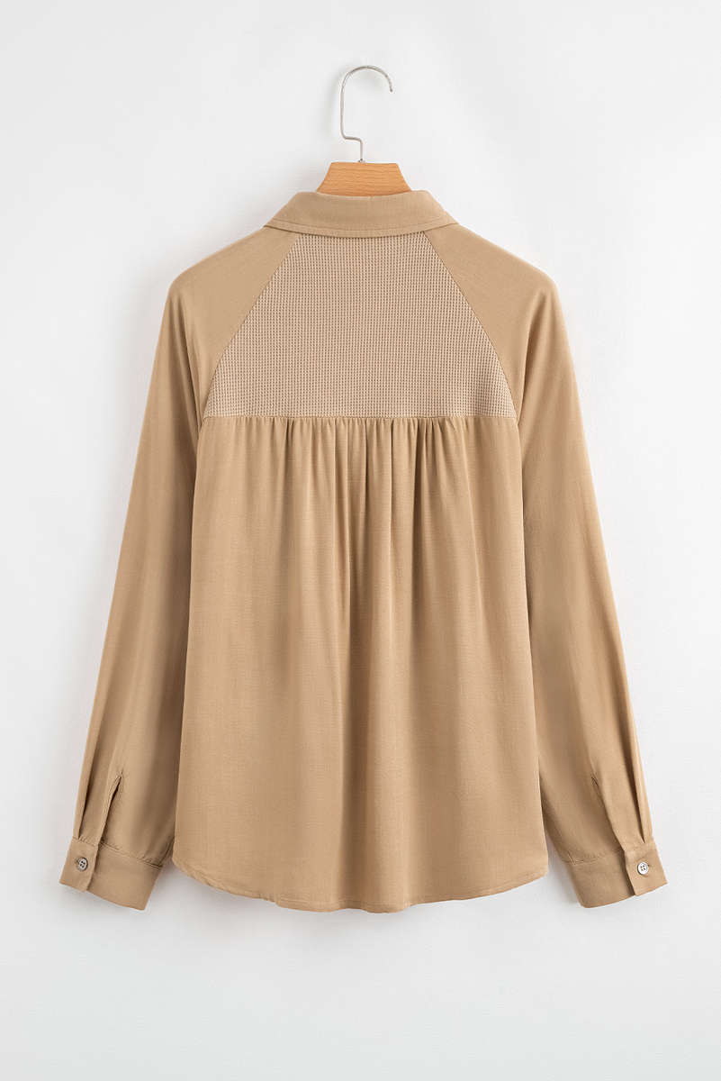Light French Beige Waffle Patchwork Button Up Frayed Hem Shirt