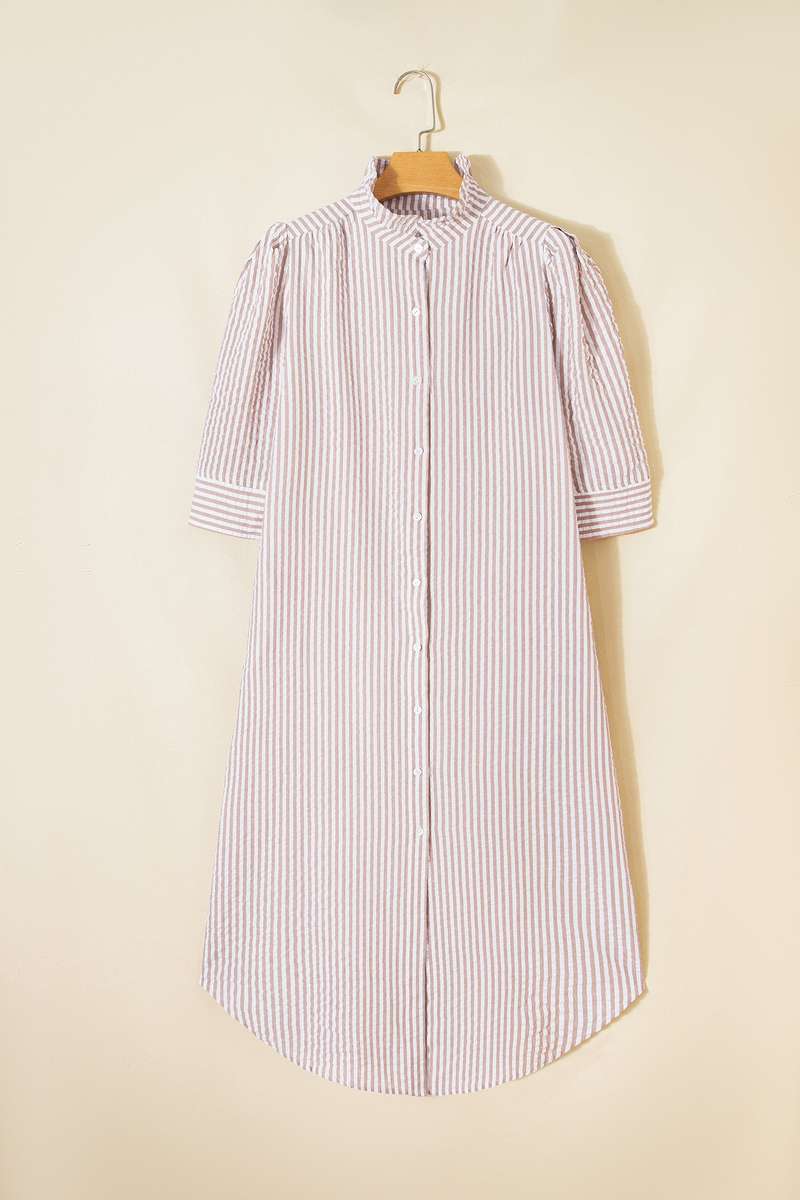 Khaki Stripe Frilled Collar Half Sleeve Shirt Maxi Dress