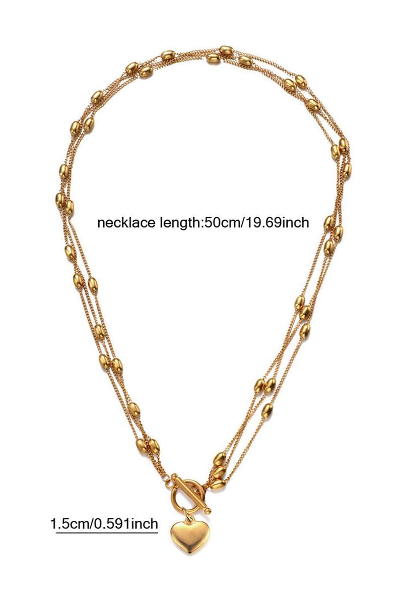 Gold Heart Toggle Charm Beaded Chain Triple Layered Necklace